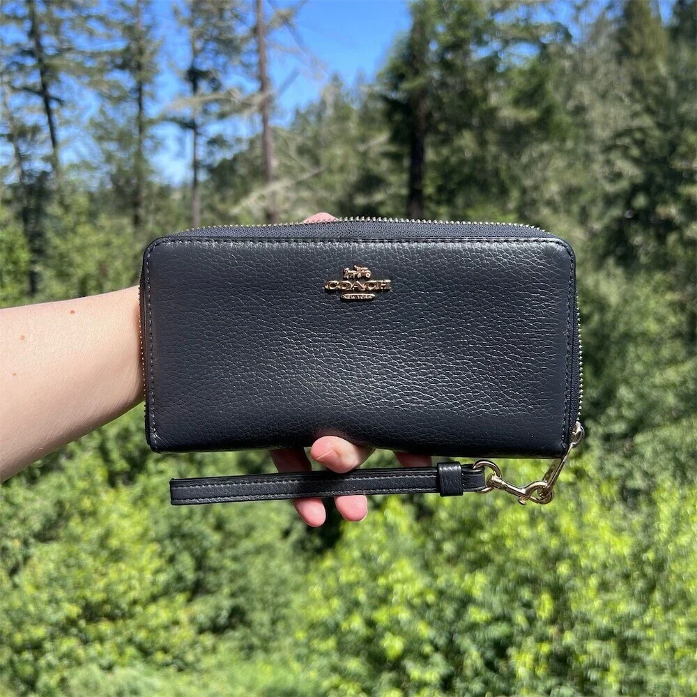 COACH Long Zip-Around Wallet Navy Blue Pebble Leather Silver Hardware AUTHENTIC